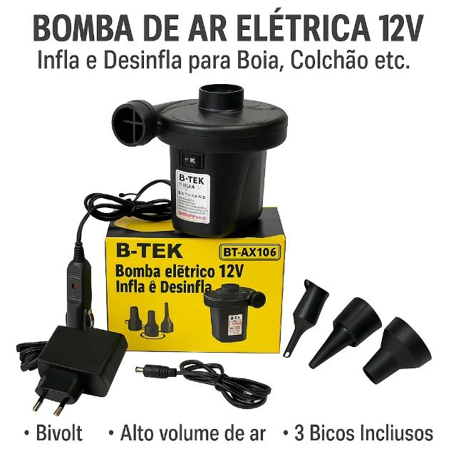 Bomba de Ar Elétrica 12V Infla e Desinfla para Boia, Colchão etc. Bivolt (BT-AX106)