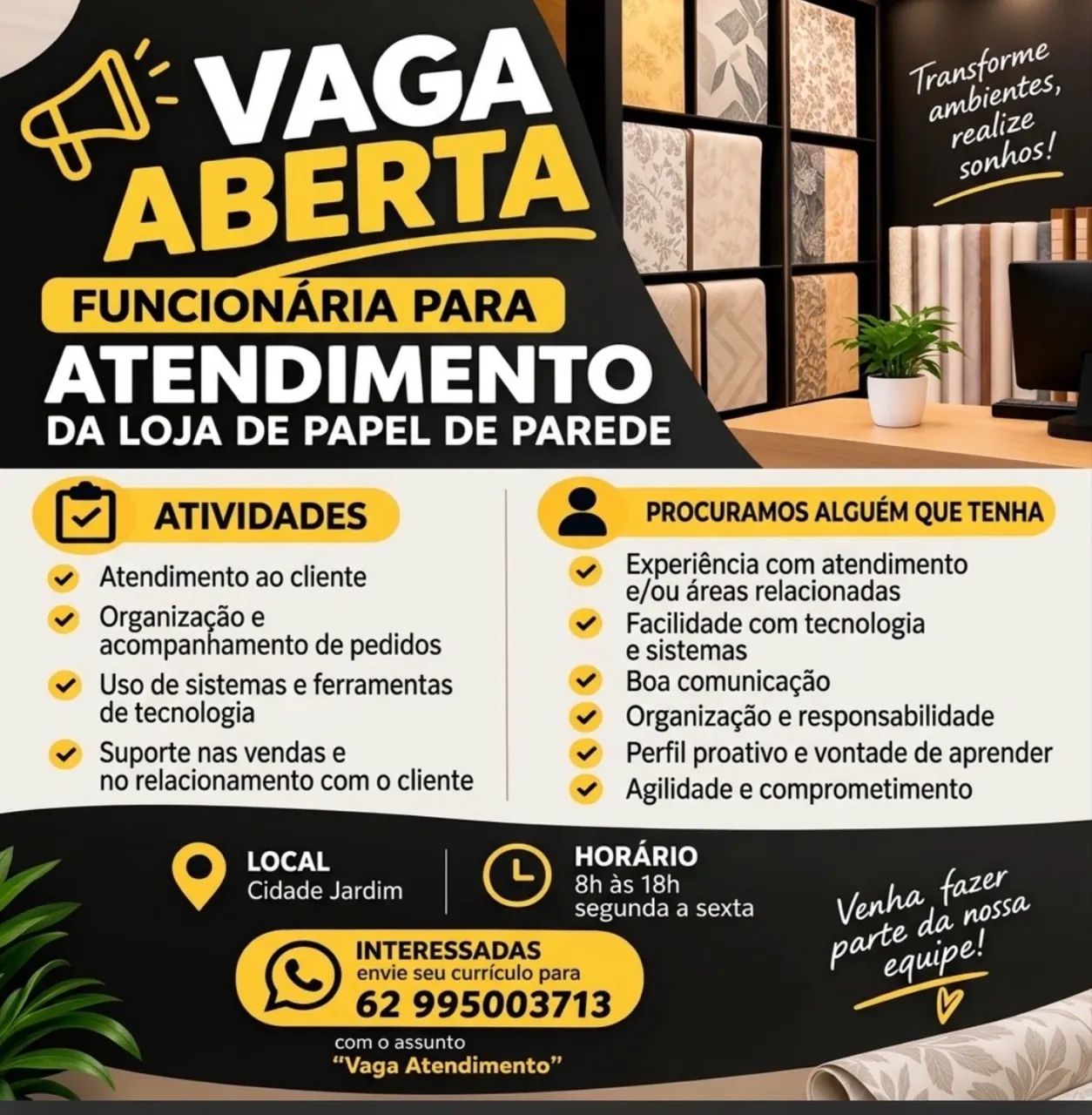 Contrata-se para atendimento e vendas