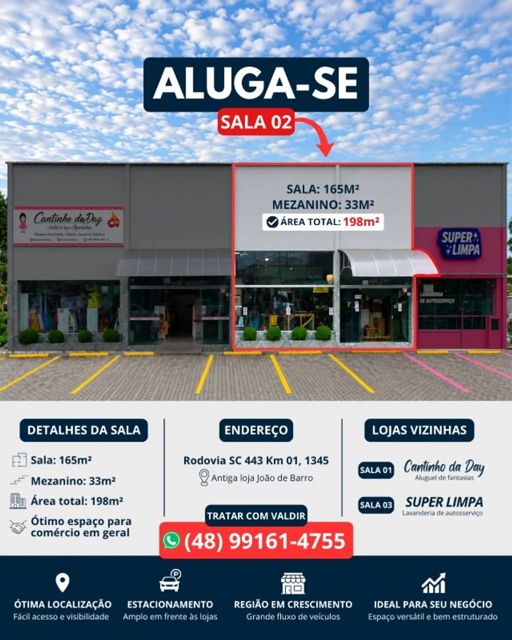 ALUGA-SE  Imovel para Comércio 198m2 (165m2 loja + mesanino de 33m2)