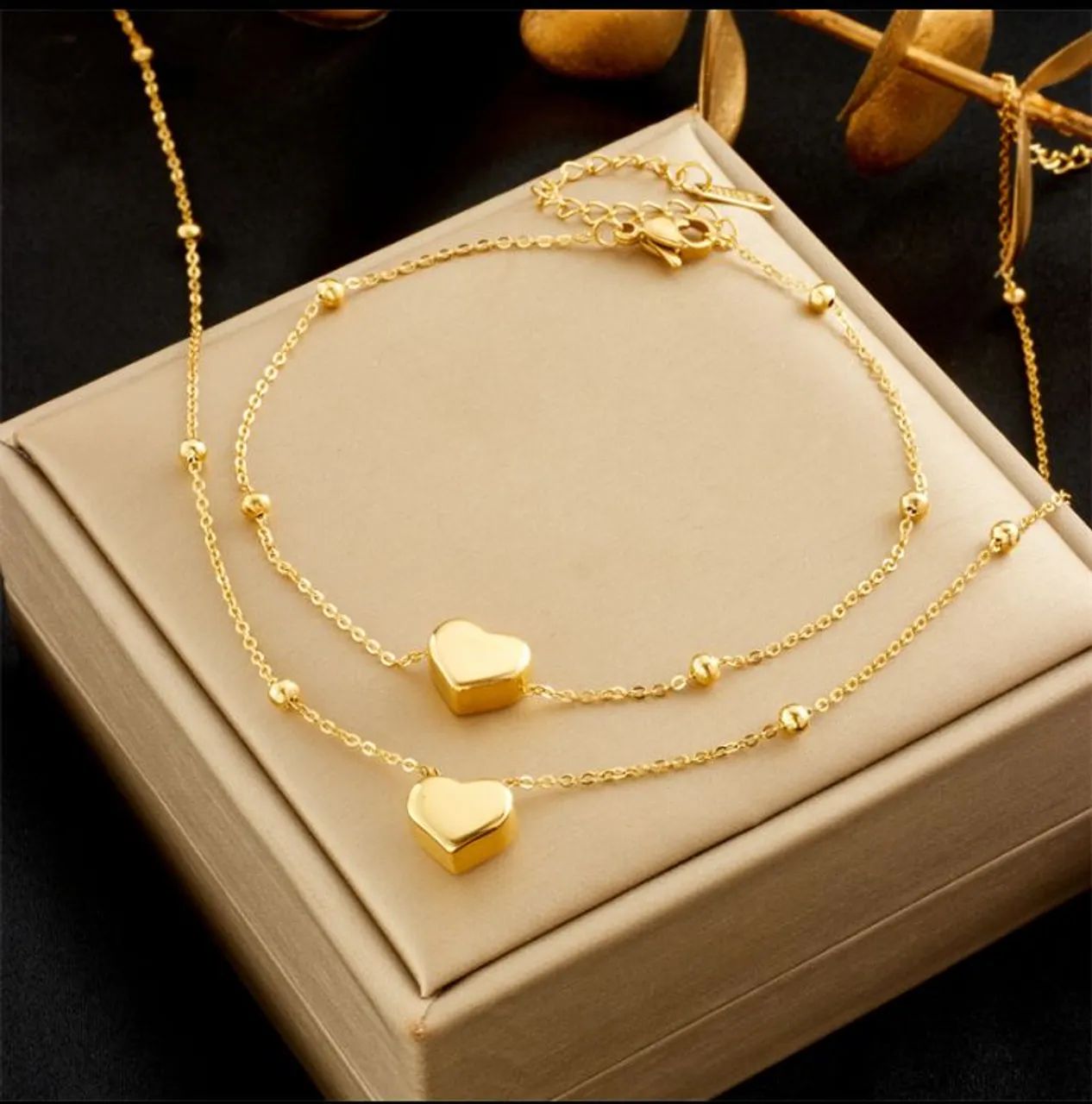 Conjunto Colar e Tornozeleira Coração Ouro 18k - Qualidade e Brilho