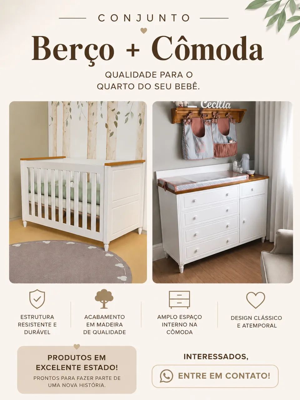 Conjunto cômoda e berço Tudor timber branco