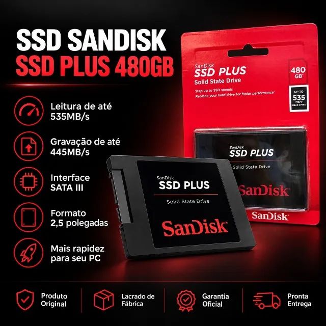 SSD SanDisk 480GB Leitura 535MB/s para PC e Notebook
