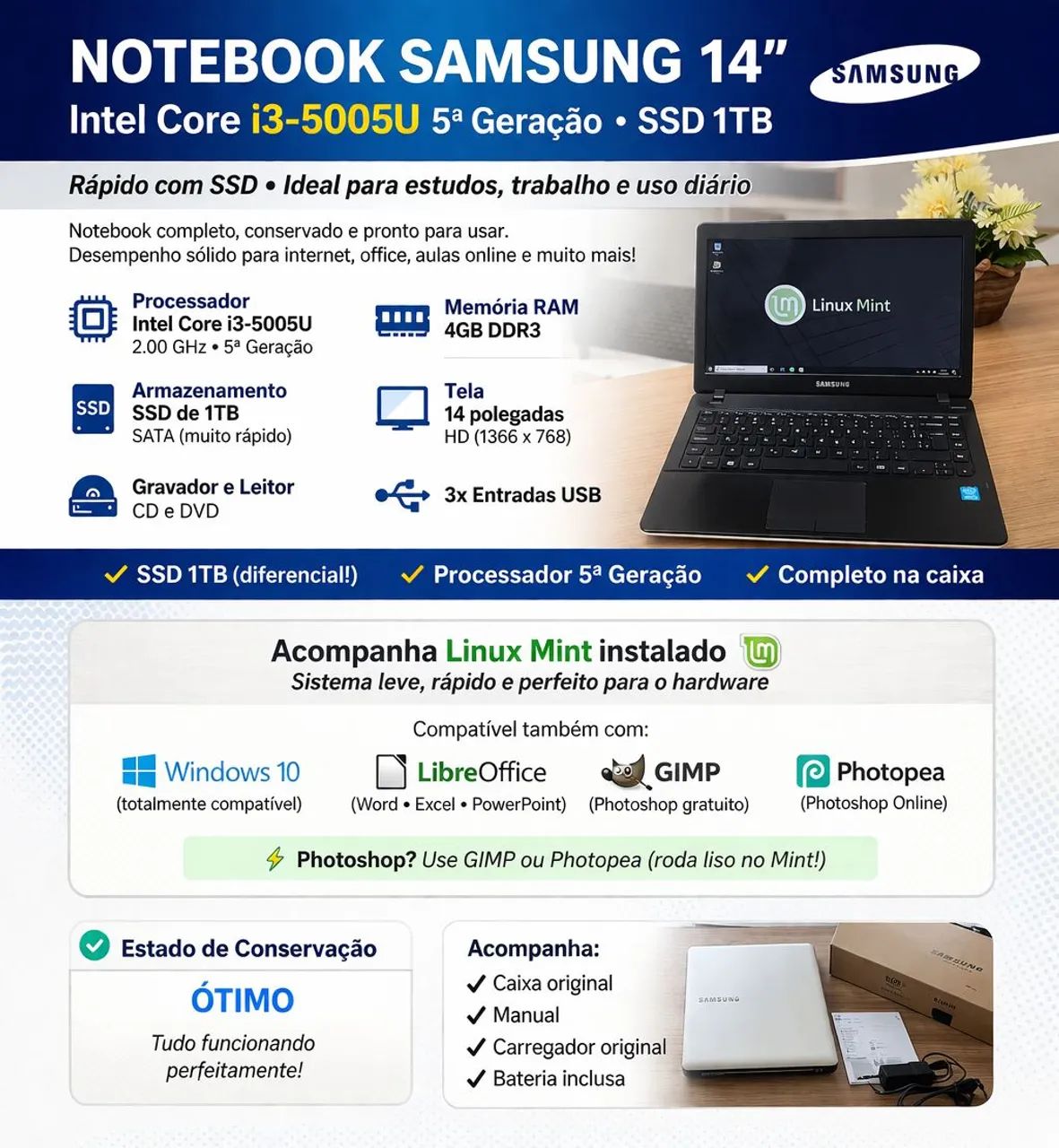 (10x sem juros) Notebook Samsung Intel Core i3 + 4GB de Memória RAM + SSD 1TB - Foto 4