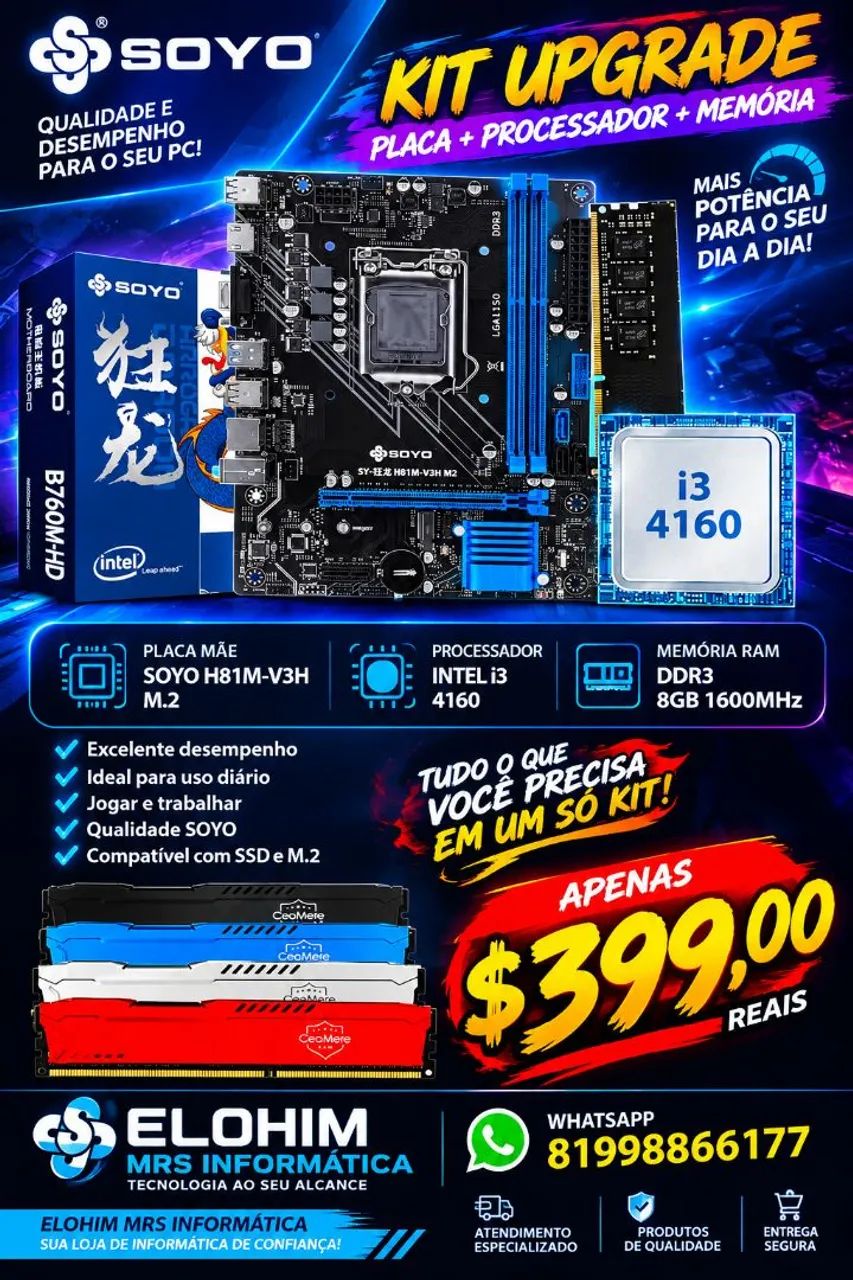 KIT PLACAR MÃE PROCESSADOR E MEMÓRIA RAM 8GB