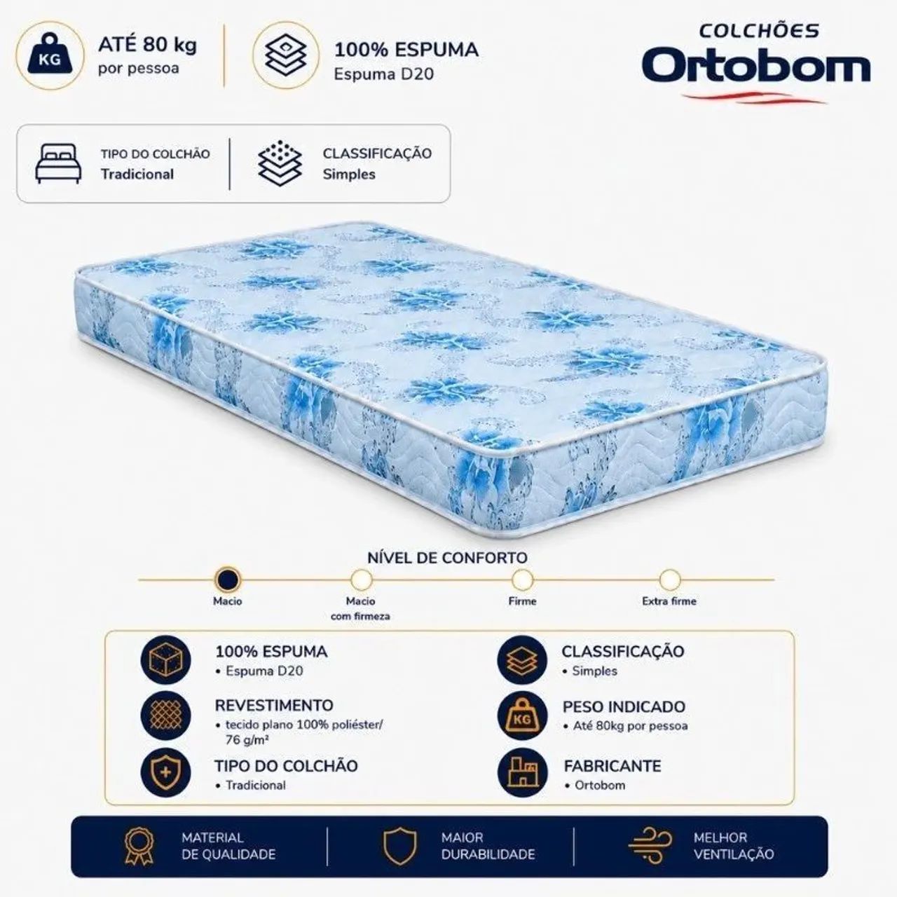 Colchão Ortobom solteiro Dreem soft largura 78 e 88cm 