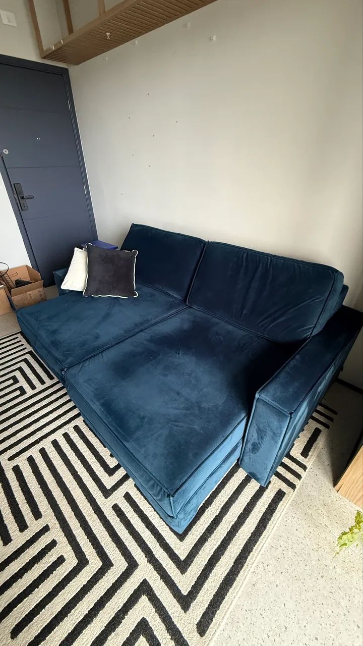 Sofá Karams Retrátil 2,20 m | Veludo Azul | Excelente Estado - Foto 3