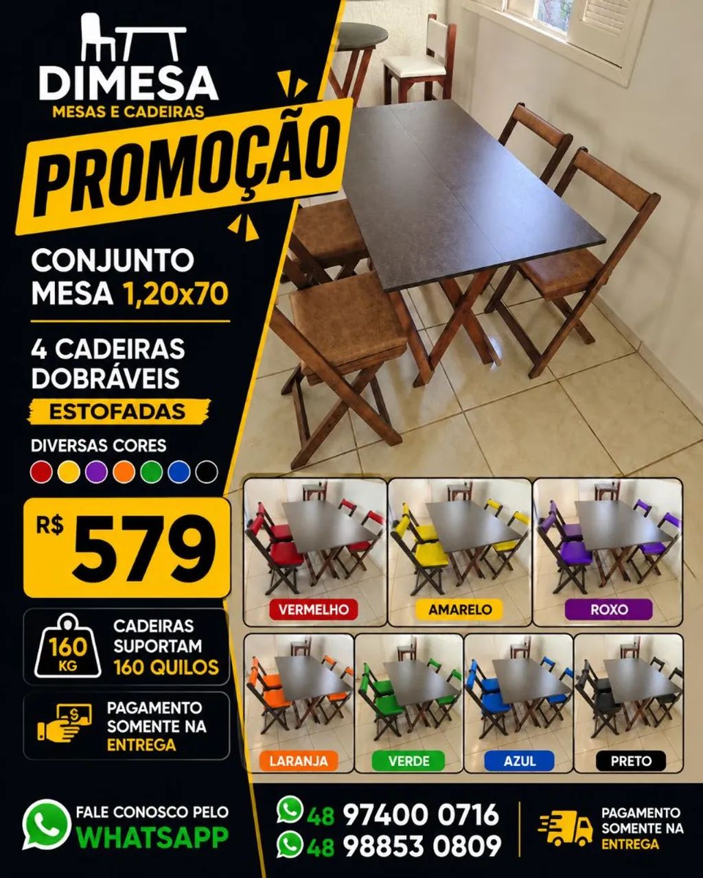 Kit mesa 1,20x70 4 cadeiras dobráveis estofadas diversas cores 
