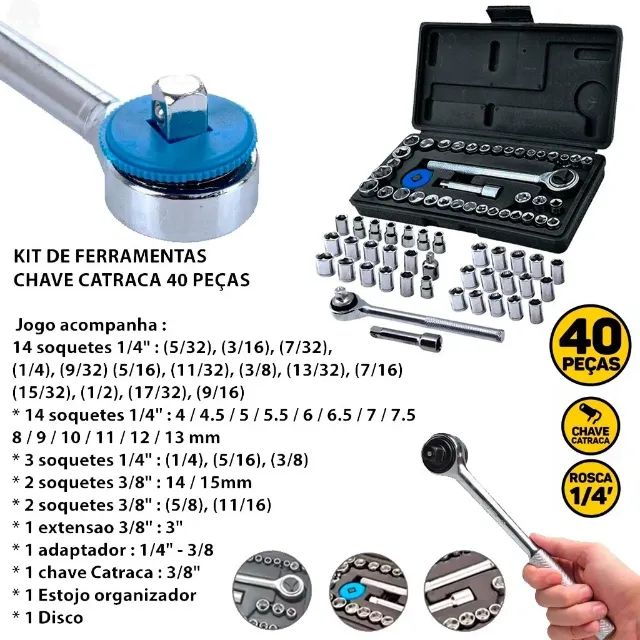 Jogo Conjunto De Ferramentas Chave Catraca Reversível Kit Com Soquetes 40  Peças Combinadas Sextavados Com Maleta Chaves De Boca Parta Reparo Conserto  De Carros E Motos LINHA PREMIUM DUPIN