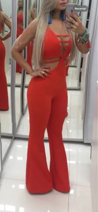 Macacão Flare decotado Vermelho-laranja tamanho 38 - Foto 2