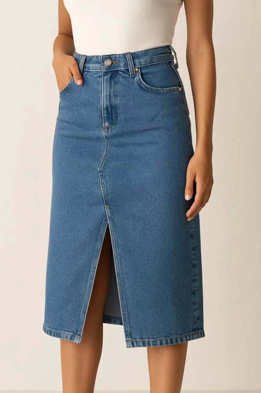 Saia Jeans Midi com Fenda Frontal - Elegância e Conforto