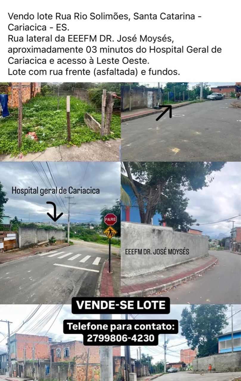 Vendo lote próximo ao Hospital Geral de Cariacica e PÁ e US de Bela Vista