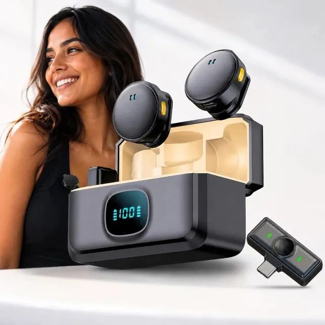 Microfone De Lapela Sem Fio Magnético Para iPhone ou Android Preto 20m - Foto 4