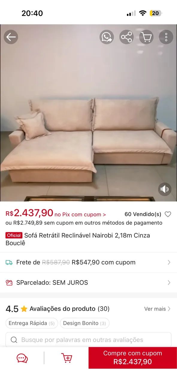 Sofá usado em excelente estado. Menos de 1 ano de uso! - Foto 3