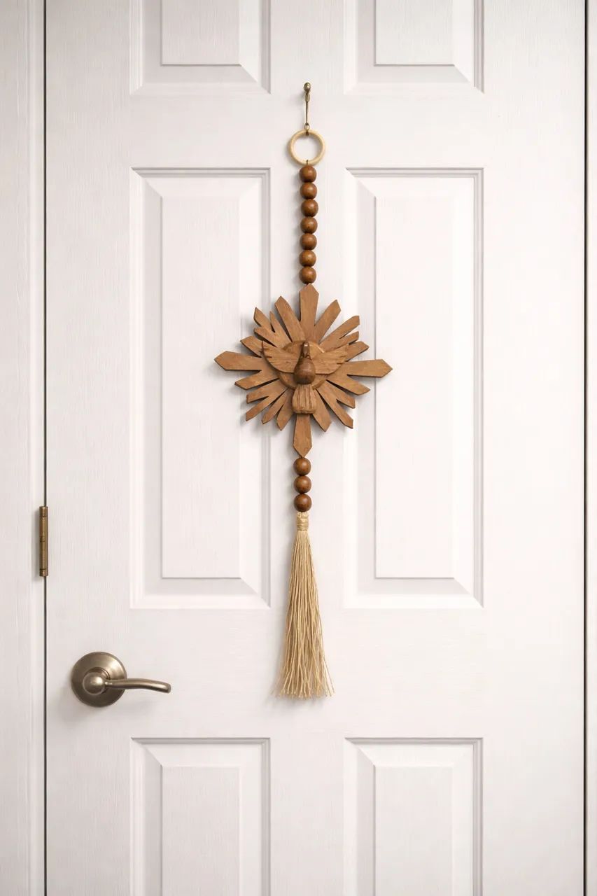 Enfeite de Porta Artesanal em Madeira - Decoração Rústica com Tassel Natural 