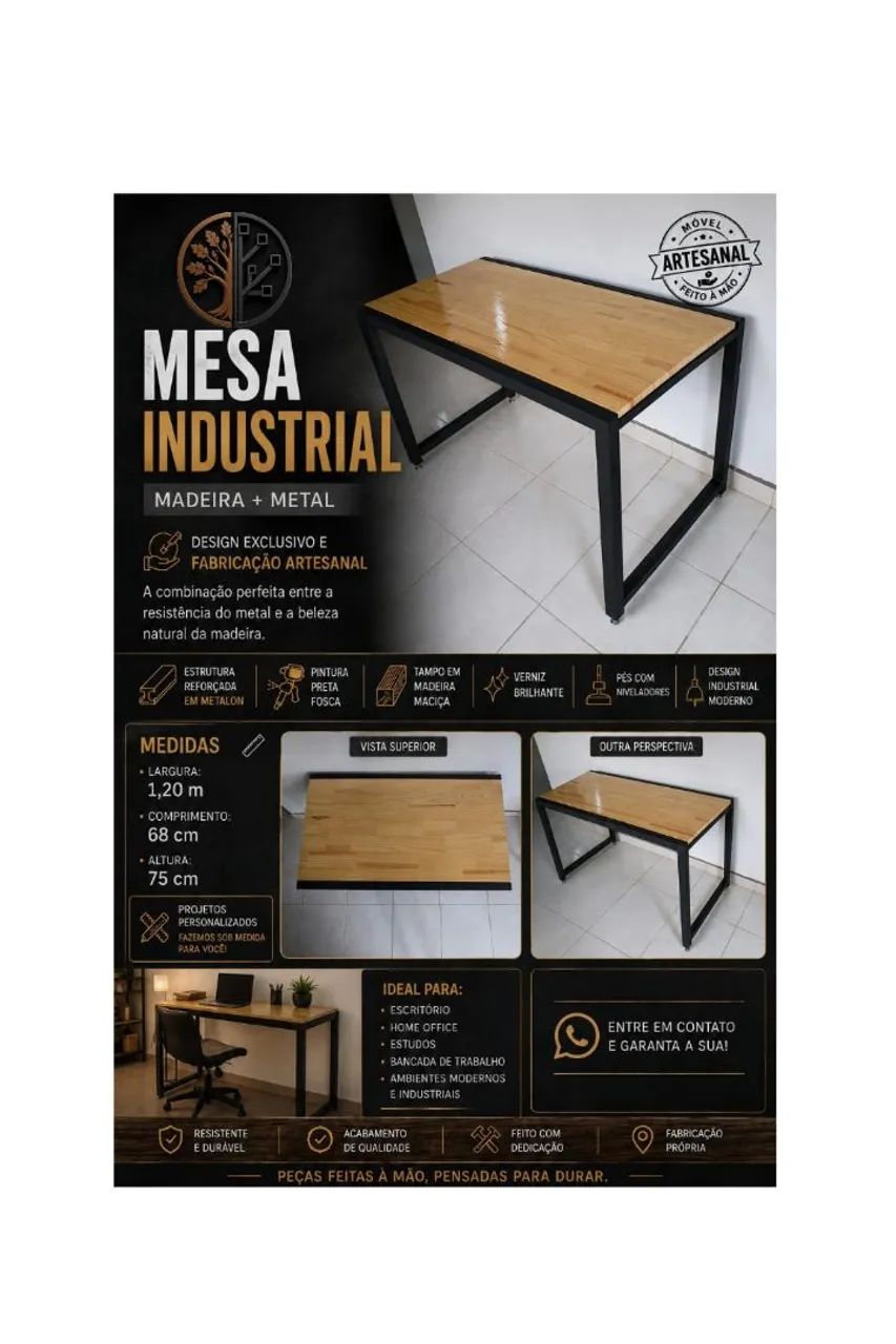  Mesa Industrial de Madeira Maciça e Ferro - Artesanal