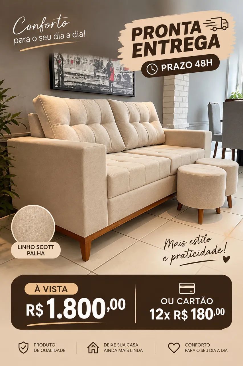 Sofá linho Scott cinza pronta entrega 