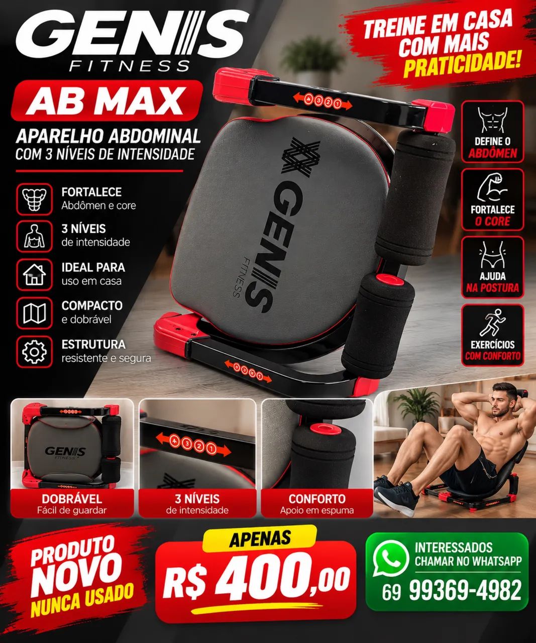 Aparelho de Abdominal com 3 níveis de intensidade AB MAX