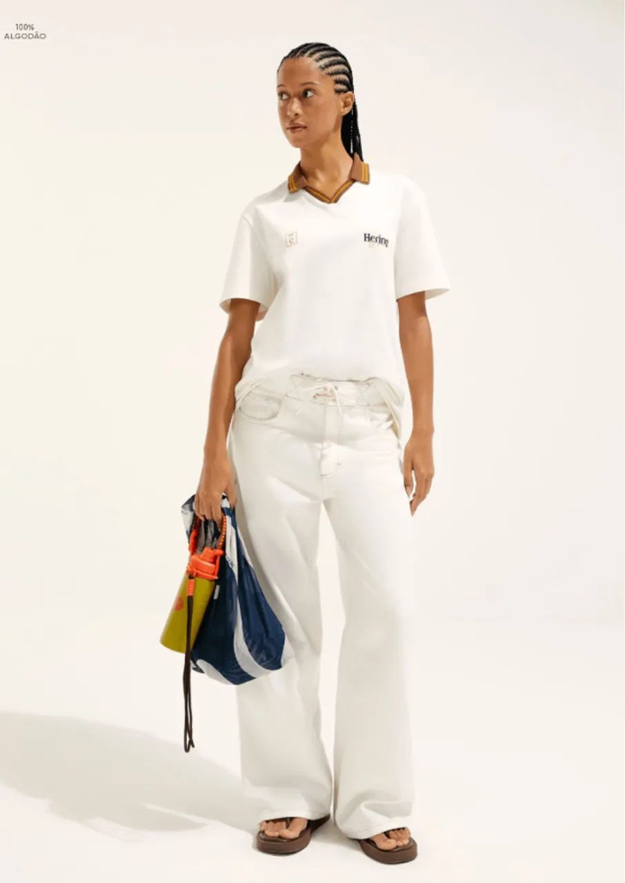 calça de sarja reta hering + cosmo - off white - Foto 4