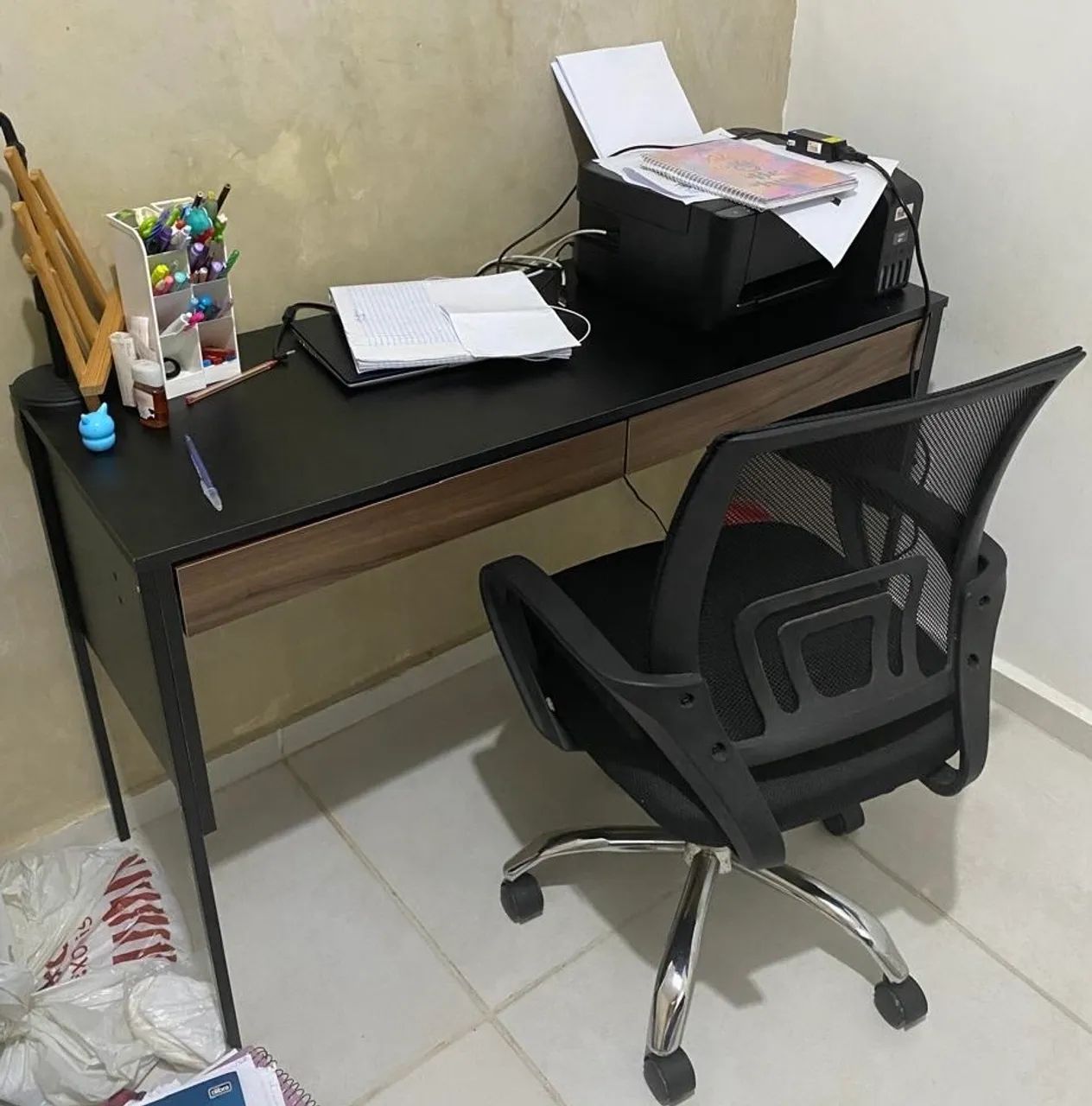 Two-drawer desk with office chair