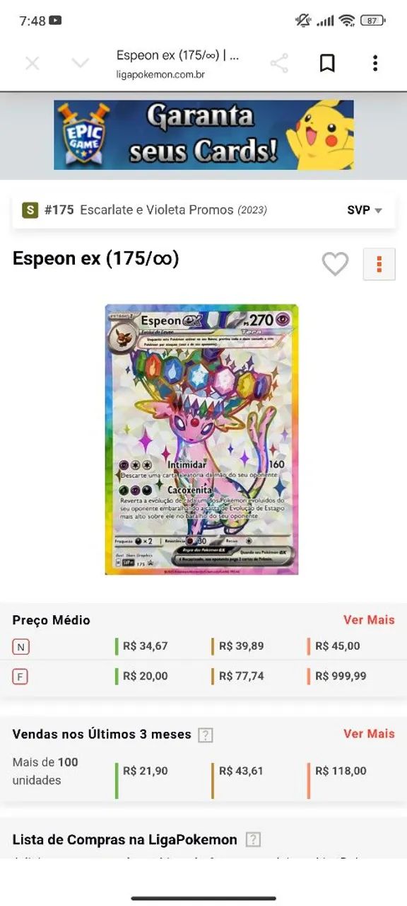 Carta do Espeon EX promo - Foto 5
