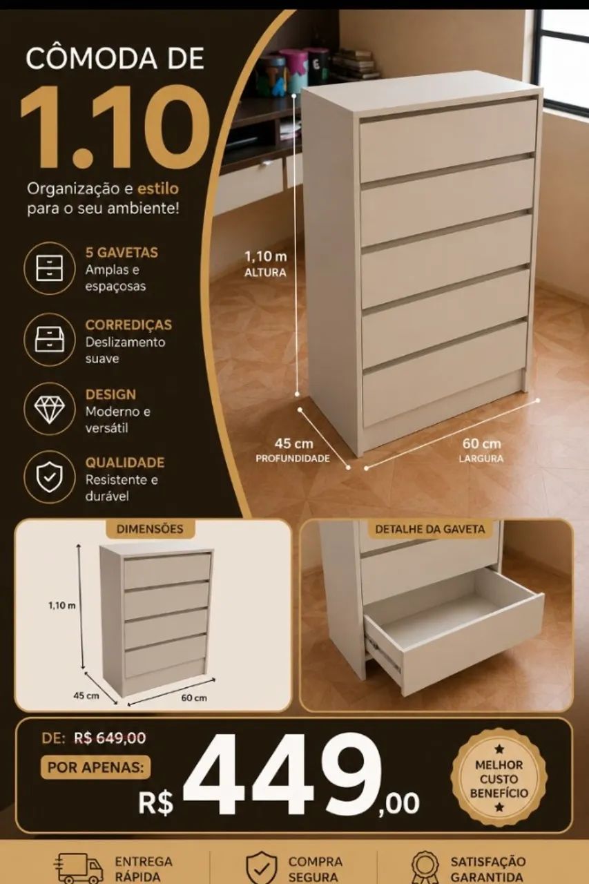 CÔMODA CM 5 GAVETAS MDF NOVO 