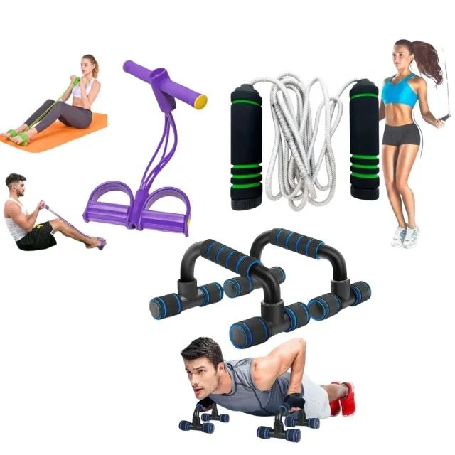 Kit Barra Flexão + Corda + Elástico Extensor Treino em Casa