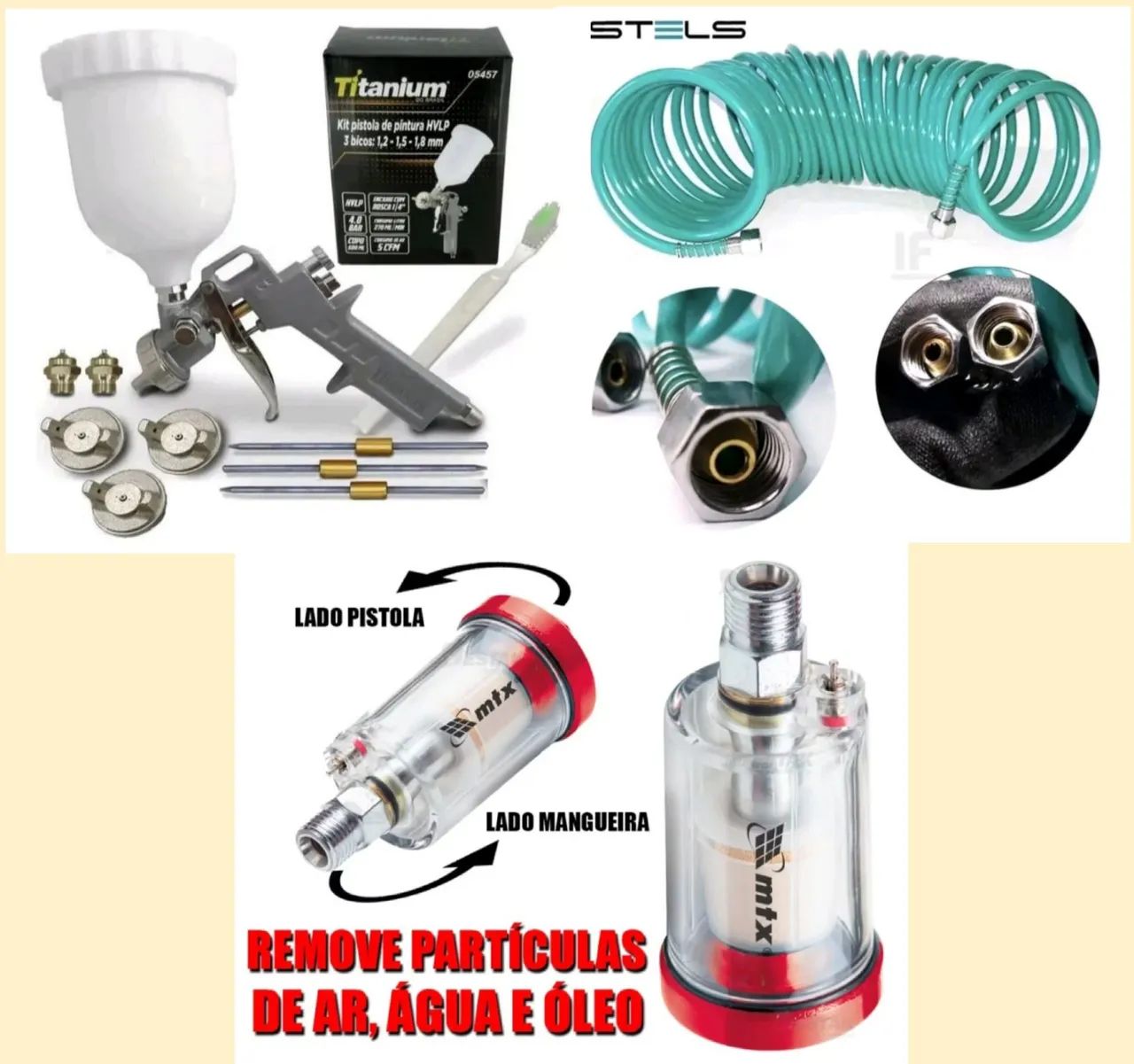 KIT PISTOLA DE PINTURA/MANGUEIRA ASPIRAL COM 10M/FILTRO DE AR PARA PISTOLA DE PINTURA 