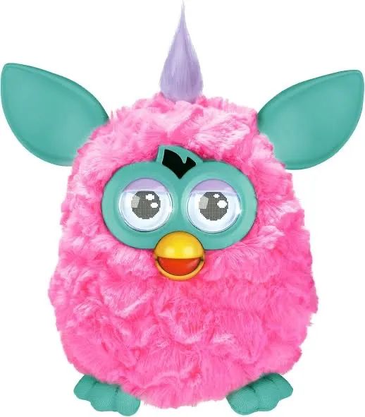 Furby rosa e turquesa funcionando com a caixa ainda