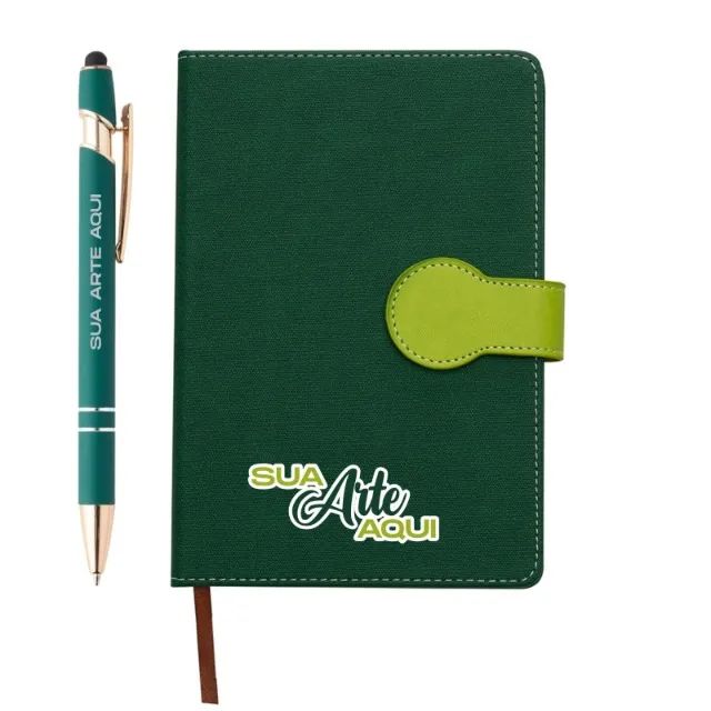 Kit Caneta + Caderneta Sintética verde com Fechamento Imantado Personalizado