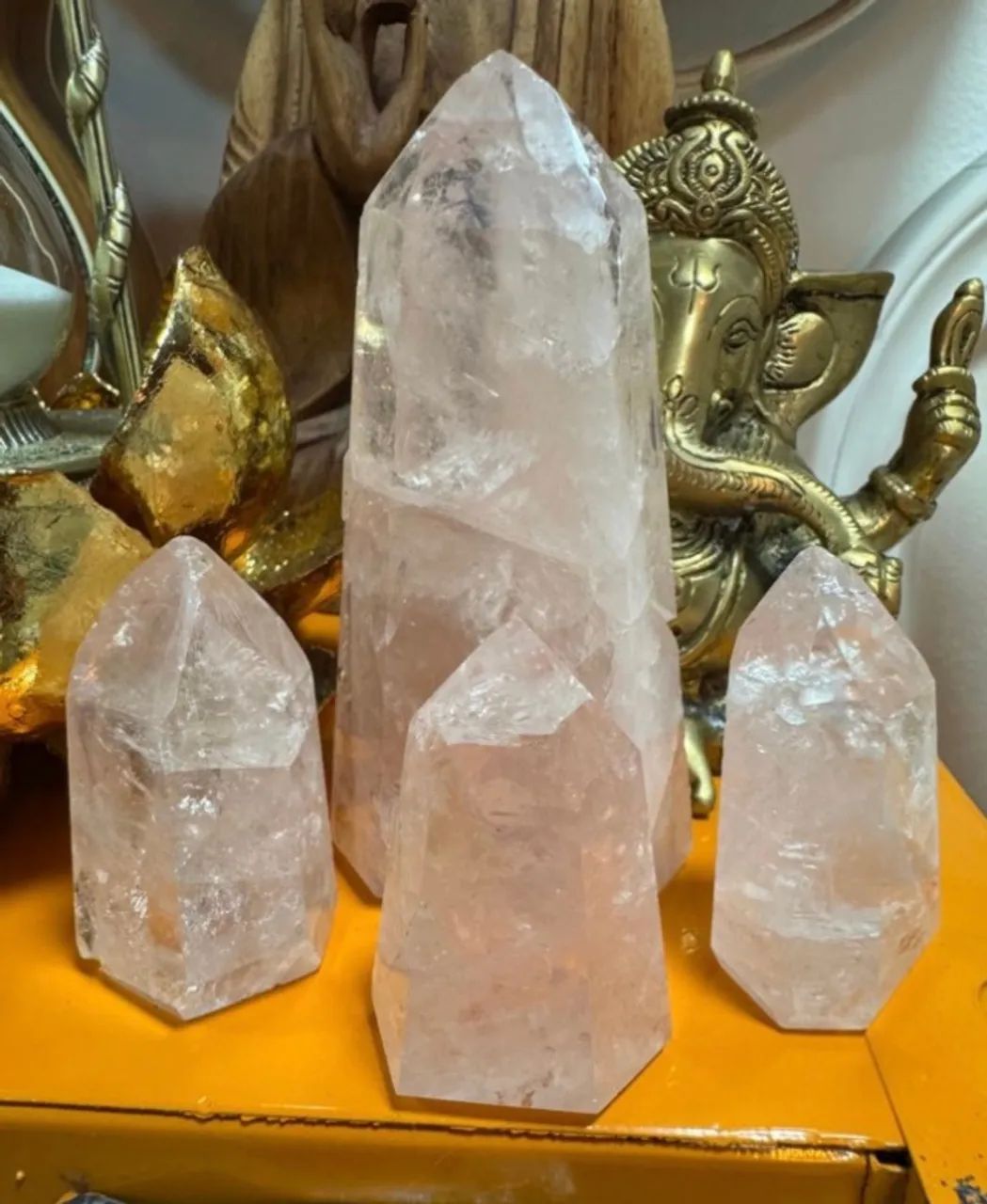 kit 4 cristais quartzo rosa lapidados em ponta obelisco