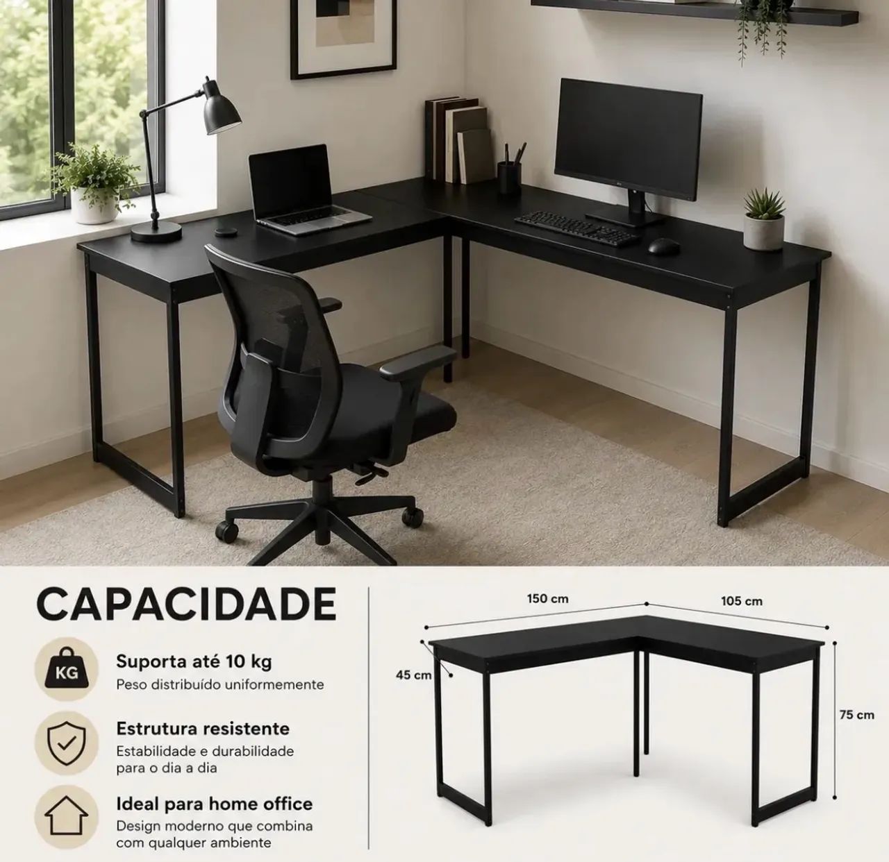 Mesa Em L Preta 150x105cm  - Foto 2