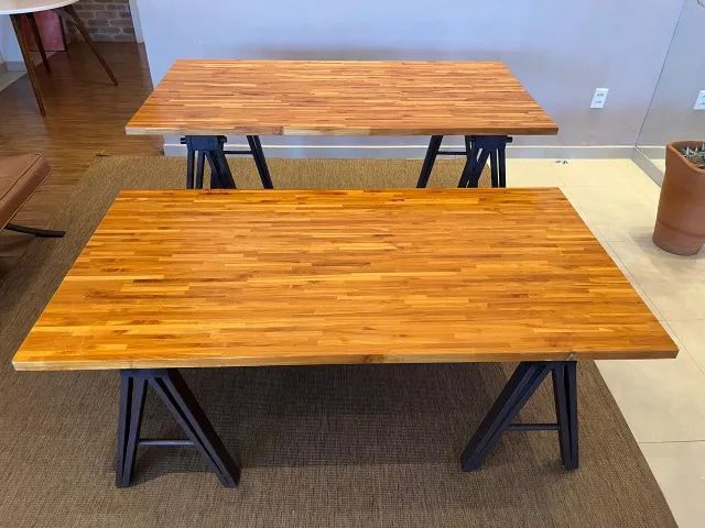 Mesa Industrial de Luxo Teca Maciça e Cavaletes em Aço Corten (2 un)