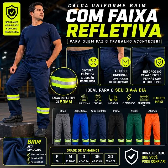 Calça Uniforme Brim Com Faixa Refletiva Refor çada Industrial - Foto 4