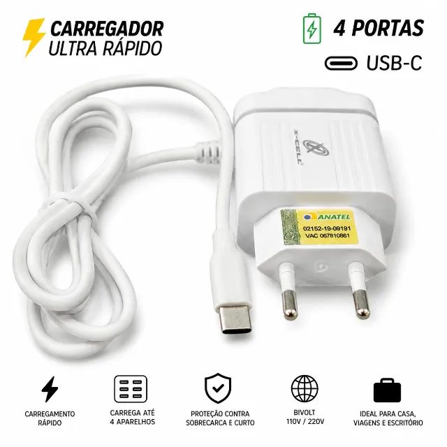 Carregador Turbo 4 USB 1 Tipo C Carregamento Rápido Universal Samsung Motorola Xiaomi iPho