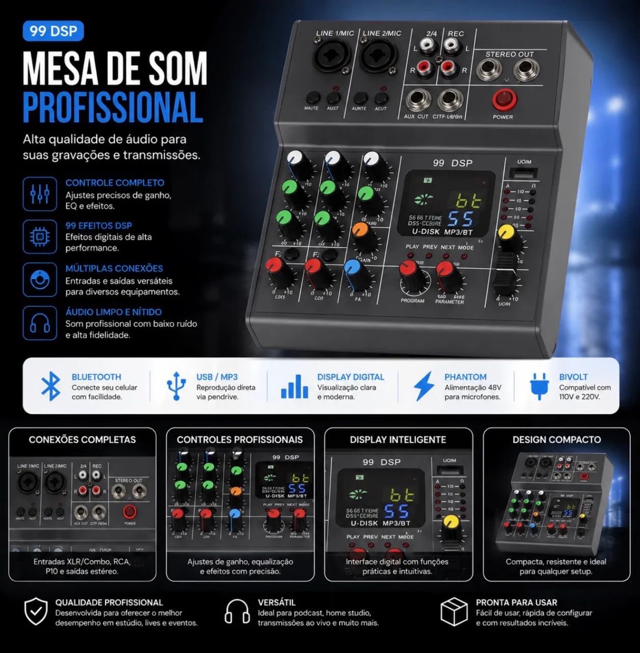 mesa de som compacta de 4 canais com interface USB, Bluetooth e efeitos digitais 99 DSP