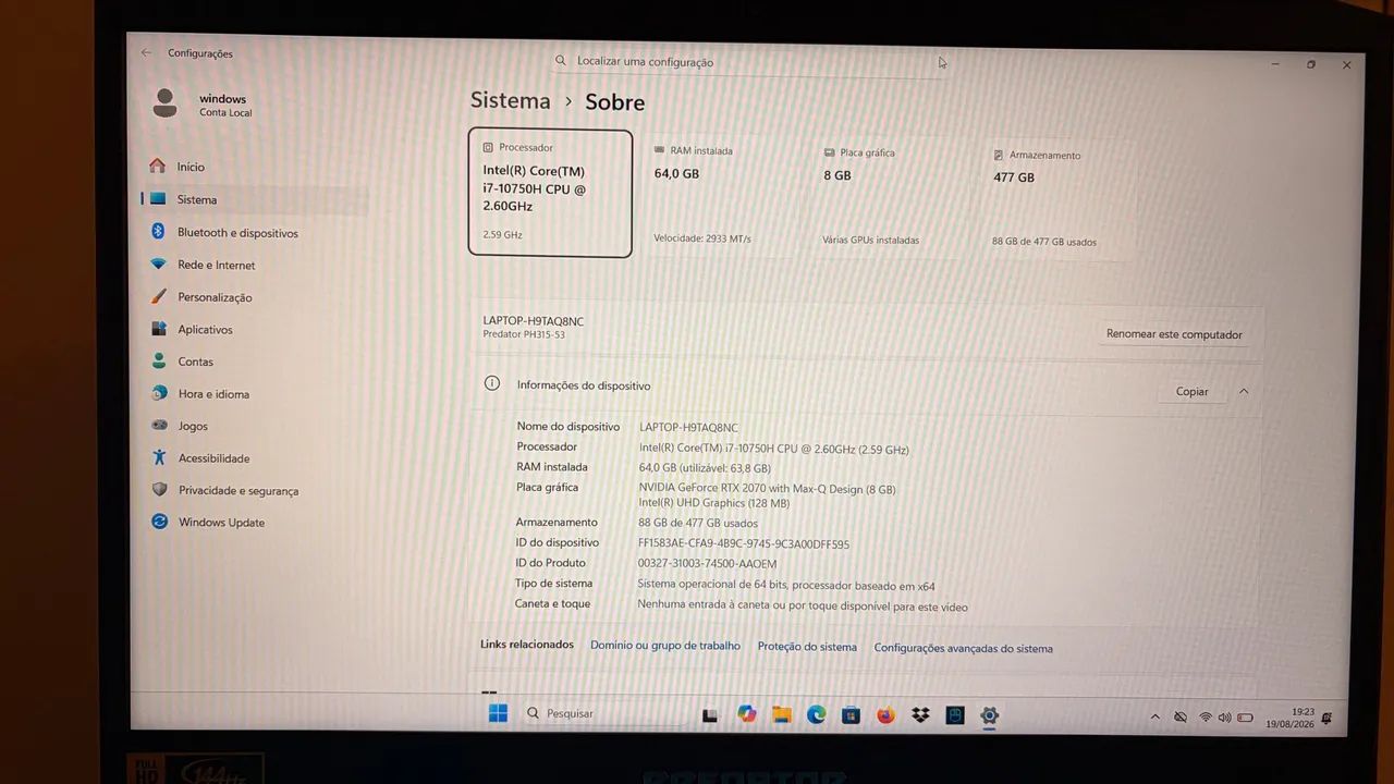 Notebook Acer Predator 64GbRAM