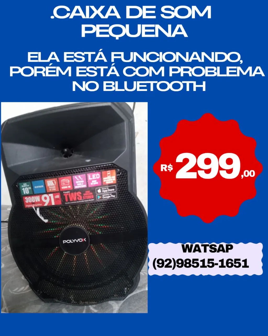 Caixa de Som Polyvox 300W RMS de potência