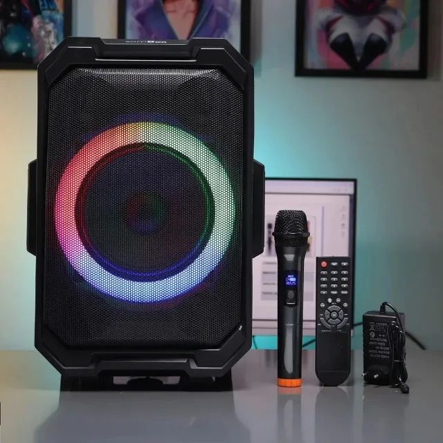 Caixa de Som SomBox D-XK803 200W RMS c/ Microfone Karaokê