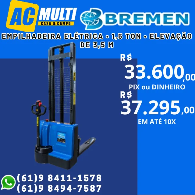 Empilhadeira Elétrica 1,5 TON Elevação de 3,5 m