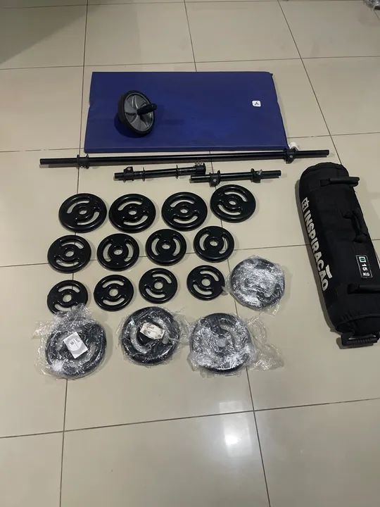 Kit de musculação completo - Barras, Halteres, Anilhas e Acessórios