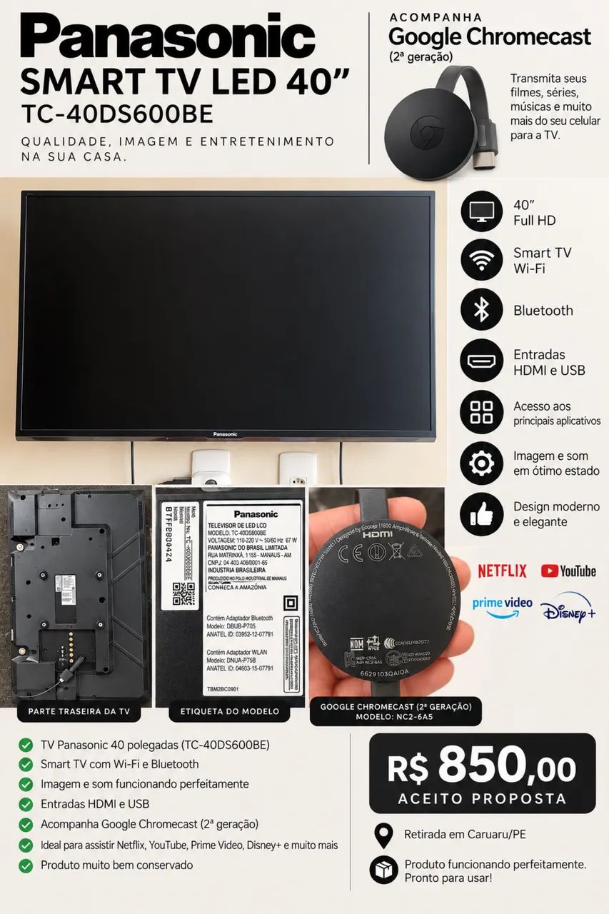Panasonic SMART TV LED 40 e Chromecast 2 Geração 