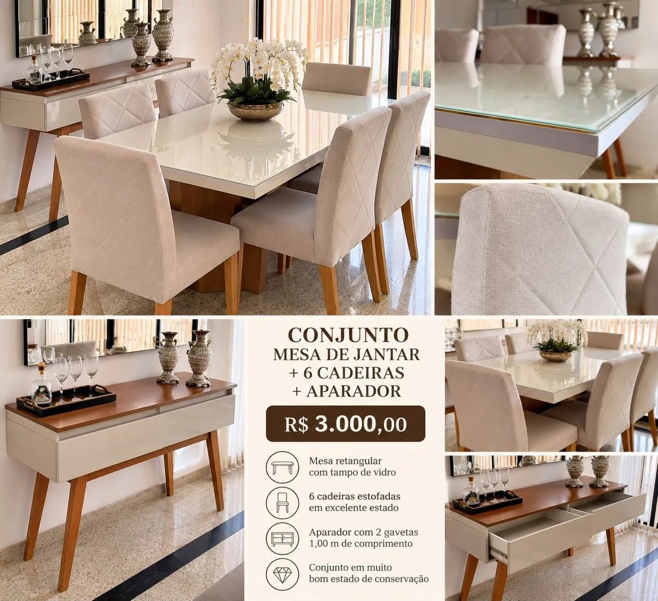 Conjunto Mesa de jantar regular + 6 cadeiras + aparador - Foto 4
