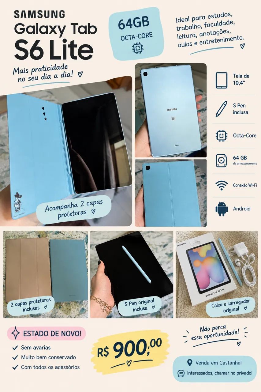 TABLET GALAXY S6 LITE SAMSUNG - 64GB (seminovo com duas capas e S-pen)