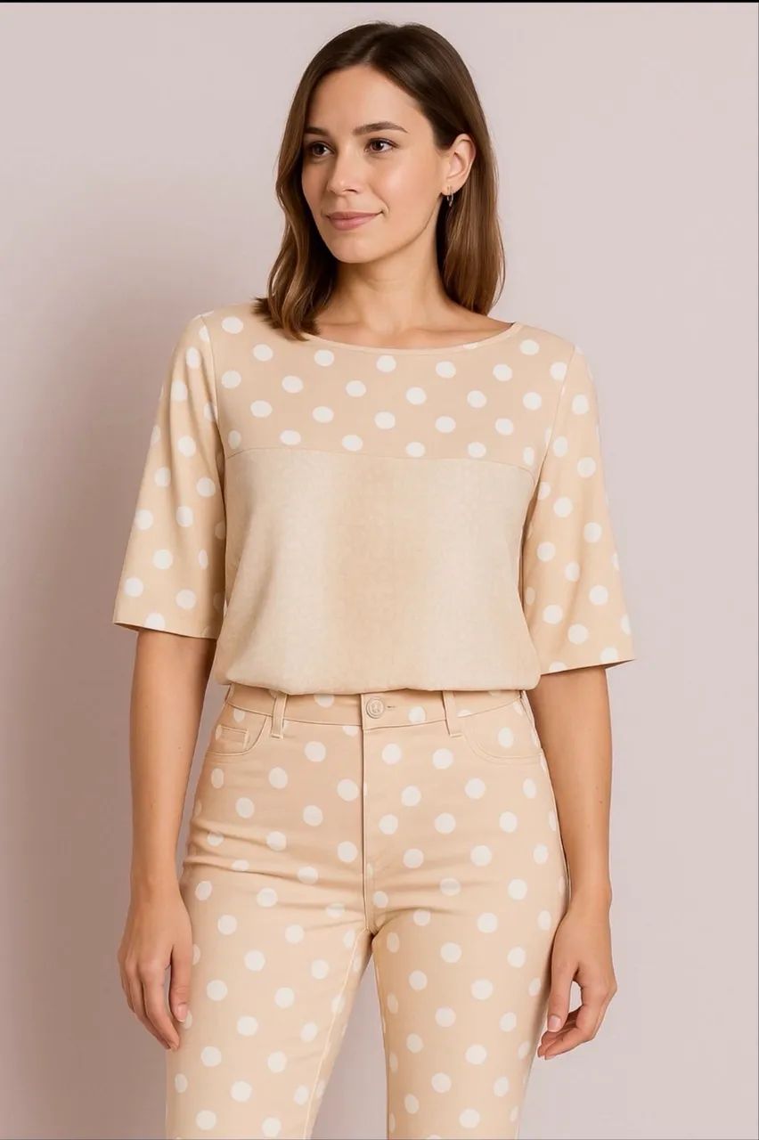 conjunto lança perfume blusa e calça poá p