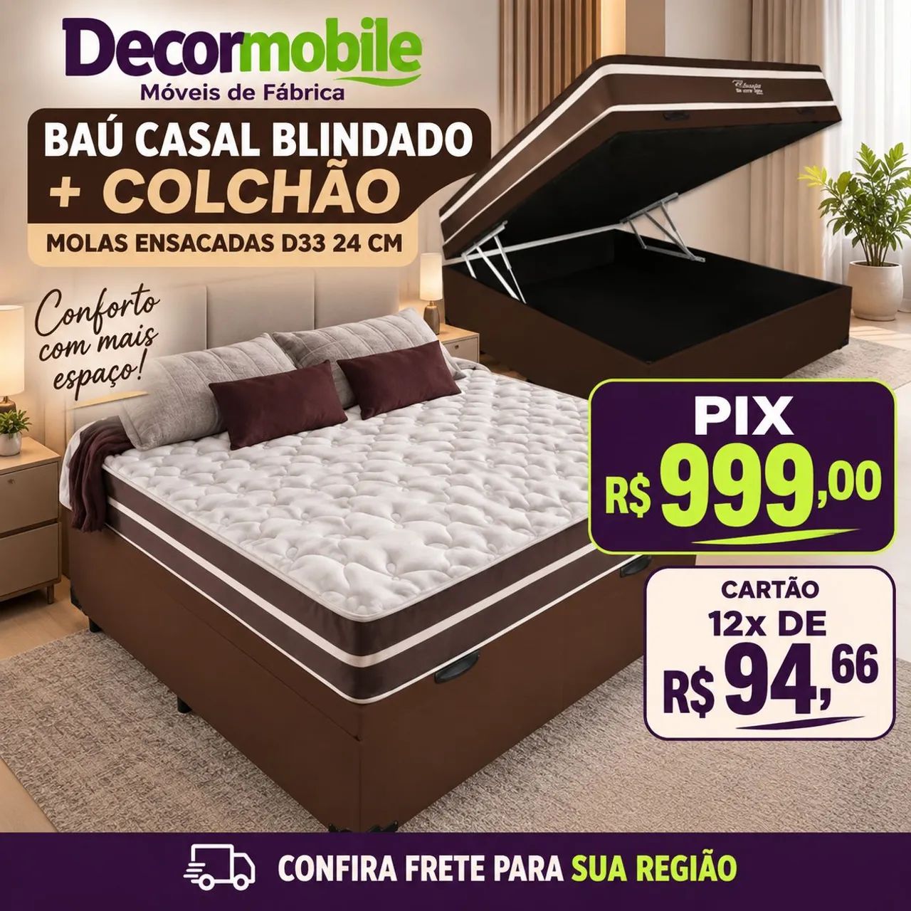Baú casal blindado + colchão Molas ensacadas .