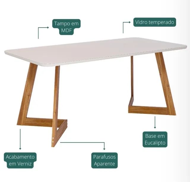 Mesa de Jantar Montello 1,80 m Madeira Off White com Vidro - Foto 2