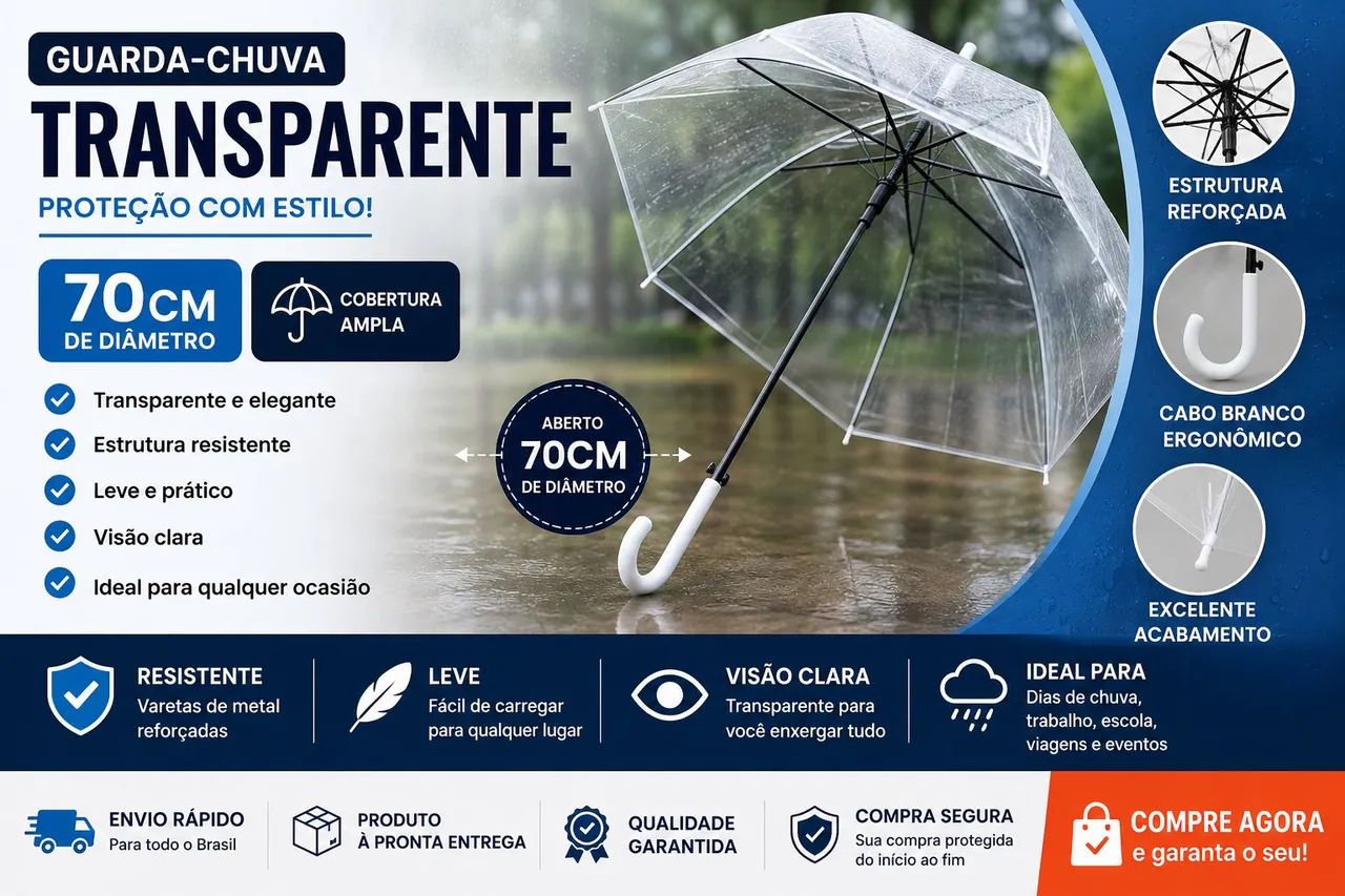Guarda-Chuva Transparente 70cm Grande Resistente Cabo Branco - Foto 3