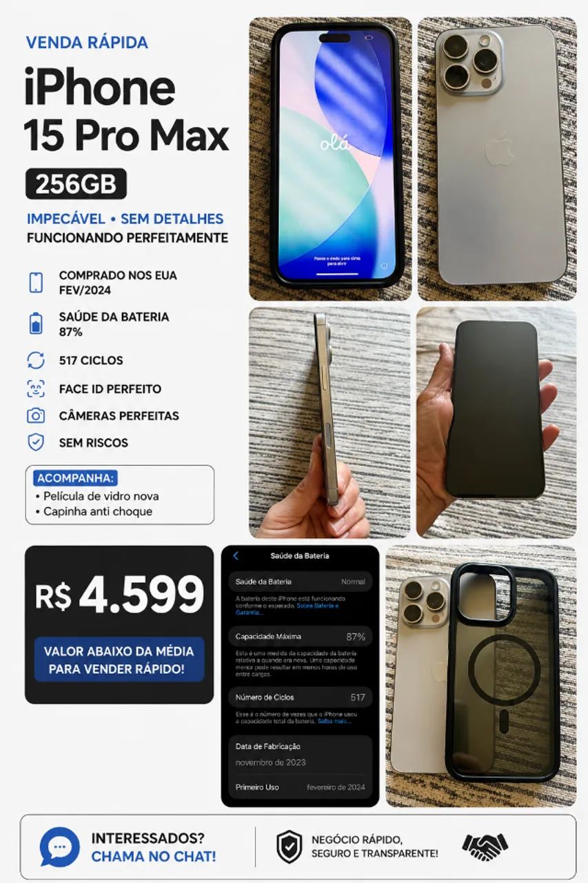 iPhone 15 Pro Max 256GB Impecável R$ 4.500 - Celulares e iPhone 15 Pro Max 256GB Impecável R$ 4.500 - Celulares e