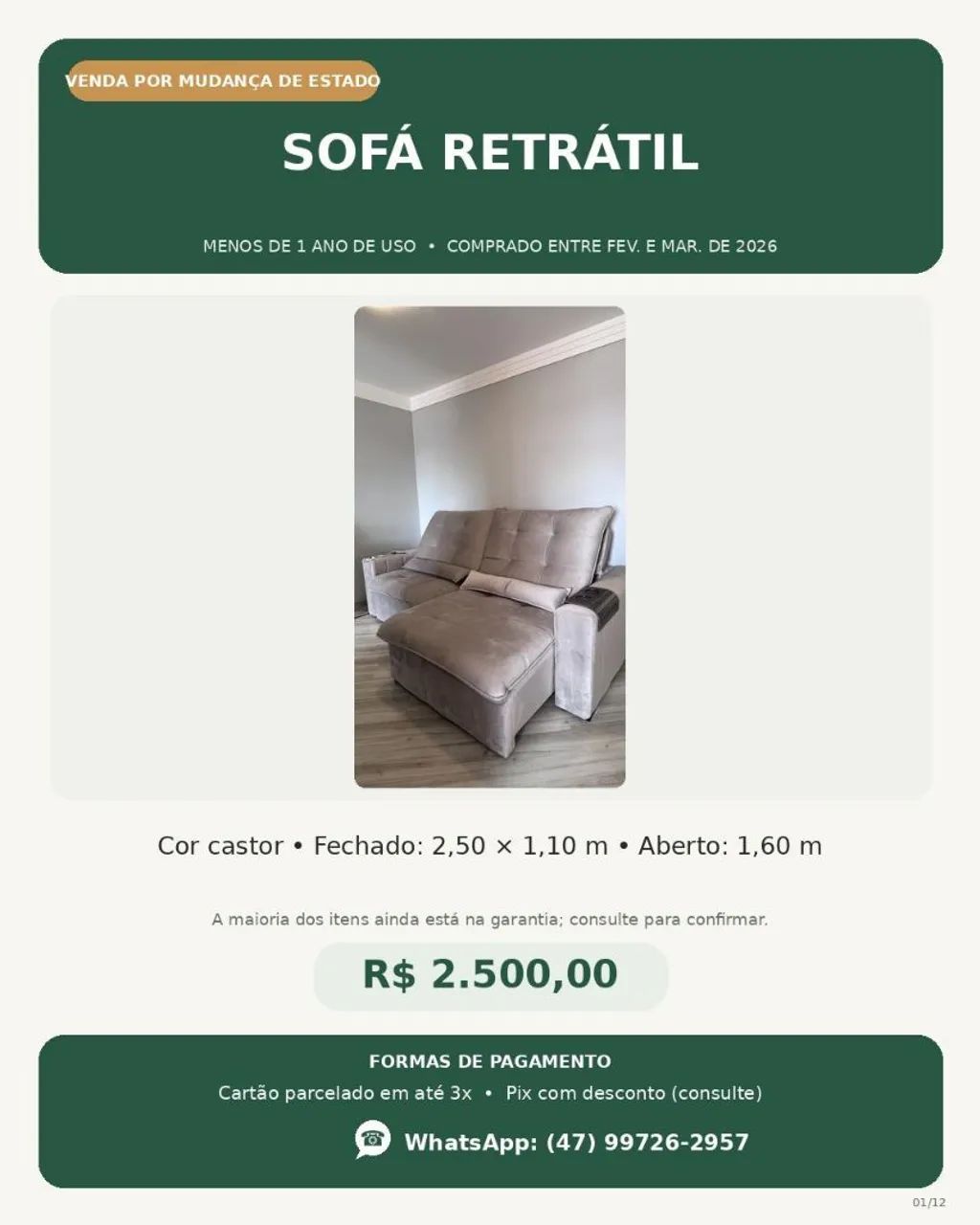 Sofá retrátil cor castor