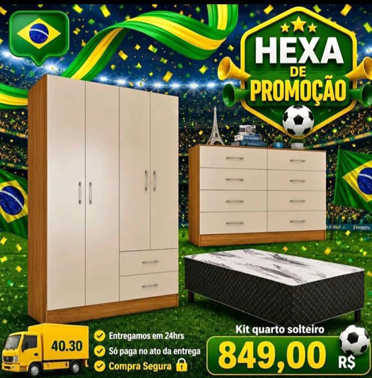 ? GUARDA ROUPA + CÔMODA + CAMA BOX SOLTEIRO ?